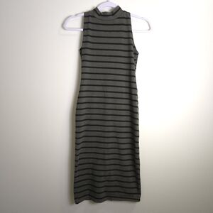Monrow Holter Bodycon Olive Green Black Striped‎ Cozy Comfy Midi Dress XS